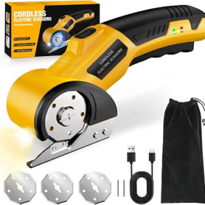 Zeleki Cordless Electric Scissors: 4V Rechargeable Cardboard Cutter, 3 Blades, Safety Lock & LED Light, Box Cutter for Carton Carpet Plastic Fabric Leather(Yellow）