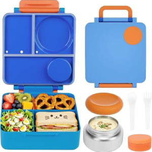 FOOYOO Bento Lunch Box Set for Kids & Adults, Leakproof 4-Compartment Container with Insulated Stainless Steel Food Jar, Utensils, BPA-Free, Microwave & Dishwasher Safe for School Work Travel（Blue）
