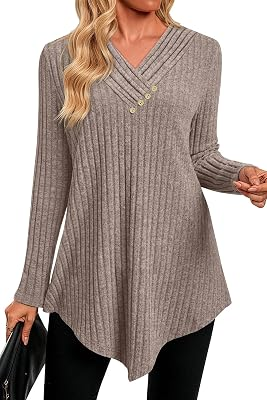 JUSTFASHIONNOW Womens V Neck Tunic Tops Long Sleeve Shirts Fall Sweaters