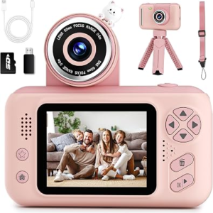 Makolle Kids Camera Toys for Girls 3-12 Year Old, Pink | Children Travel Camera HD Digital Video Camcorder, With Tripod, SD Card Included, Toddler Festival Birthday Gifts