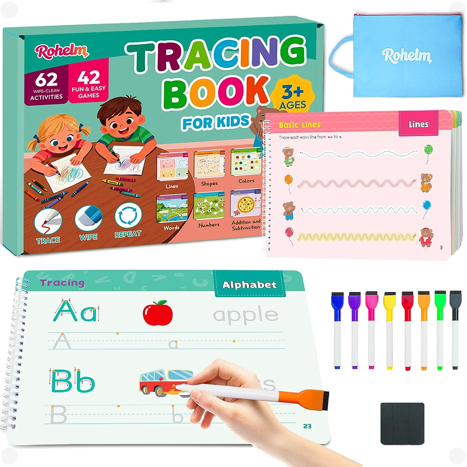 Rohelm Preschool Learning Activities Book, Tracing Books for Kids 3+, Toddler Handwriting Practice, 62 Reusable Preschool Learning Activities Workbooks, Educational Learning Toys for 3 Year Old
