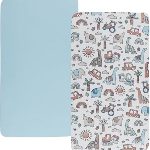 Stretchy Fitted Crib Sheets Set 2 Pack Portable Crib Mattress Topper for Baby Girl Boy,Ultra Soft Jersey Material, Light Blue & Car
