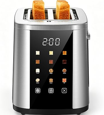 Foyoconven 2 Slice Toaster with Touch Screen, 1.5" Extra Wide Slots for Bagels & Thick Bread, Stainless Steel, Digital Countdown Timer, 6 Shade Settings, Defrost/Reheat/Cancel, Removable Crumb Tray