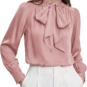BTFBM Women Satin Blouses Bow Tie Work Business Casual Tops,Pink,M
