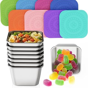 Set of 8 Stainless Steel Snack Containers for Kids and Toddler;Snackle Box Container;Leak Proof Stackable Small Metal Food Containers with Silicone Lids
