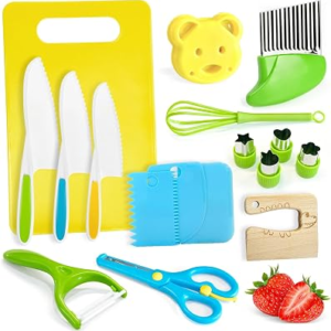 17 Pcs Kids Knife Set for Real Cooking Safe Kitchen Tools for Ages 4+ | Montessori Kitchen Toys Christmas Birthday Gifts for Boys and Girls (A)