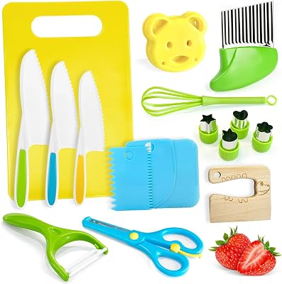 17 Pcs Kids Knife Set for Real Cooking Safe Kitchen Tools for Ages 4+ | Montessori Kitchen Toys Christmas Birthday Gifts for Boys and Girls (A)