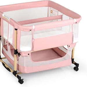 Twin Bassinet for 2 Babies, Rocking Portable Double Bassinet for Twins | Bassinet with Wheels and Storage Basket, Full-Mesh Sides, 5-Height Adjustable, Stable Baby Crib for Newborns (Standard Pink)