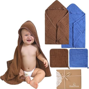 4-Piece Muslin Baby Towel Set – 100% Organic Cotton, (2) 6-Layer 32×32 Towels & (2) Washcloths, Bath, Beach & Pool Gift Set (Coffee & Blue)