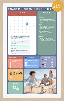 21.5-Inch Smart Digital Calendar & Photo Frame for Family, Wood Frame Large Wall Planner with Auto-Sync to Apple, Google & Outlook, Touchscreen Display with Chore Chart, To-Do Lists & Meal Planner, No Subscription