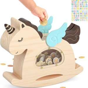 Summidate Unicorn Piggy Bank for Kids Girls, Wooden Coin Saving Toy Gift | Cute Educational Rocking Coin Bank for Children, Helps Build Saving Habits, Baby Shower Birthday Gift and Nursery Decor