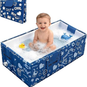 Baby Bathtub, 5-Layer Anti-Tear Foldable Toddler Bath Tub with Padded Bottom Drain Plug, Portable Collapsible Baby Bath for Travel, Shower, Sink, Indoor & Outdoor, 6 Months to 5 Years