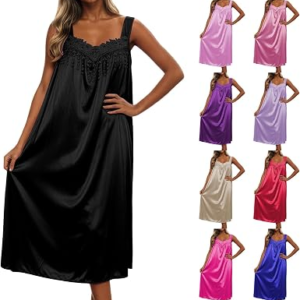 Silk Nightgown For Women Midi Plus Size Sleeveless Lace Trim Sexy Sleepwear V Neck Wide Strap L