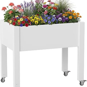 NBYSGO Raised Garden Bed with Wheels, Resin Elevated Planter Box, White