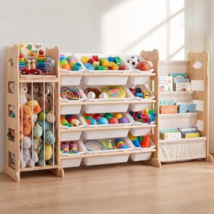 Toy Storage Organizer with Bookshelf and Stuffed Animal Storage 60.7” L | Toy Storage Organizer with 12 Bins, Playroom Thickened and Widened Book Toy Organizer for Bedroom Decor