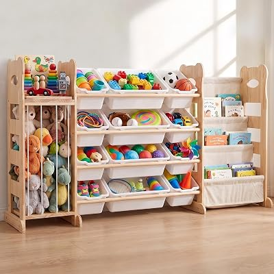 Toy Storage Organizer with Bookshelf and Stuffed Animal Storage 60.7'' L | Toy Storage Organizer with 12 Bins, Playroom Thickened and Widened Book Toy Organizer for Bedroom Decor