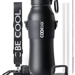 Coolflask 32 oz Water Bottle Insulated Slim Series Stainless Steel | Water Flask Triple-Wall Vacuum Copper with 3 Lids & Strap, Cold 48+h/Hot 24+h, Leakproof,BPA-Free, for Outdoor Gym & Hiking