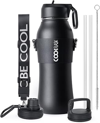Coolflask 32 oz Water Bottle Insulated Slim Series Stainless Steel | Water Flask Triple-Wall Vacuum Copper with 3 Lids & Strap, Cold 48+h/Hot 24+h, Leakproof,BPA-Free, for Outdoor Gym & Hiking
