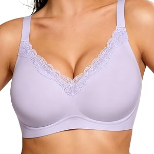 HORISUN Wireless No Underwire Bra for Women V-Neck Lace Trim Seamless Bra