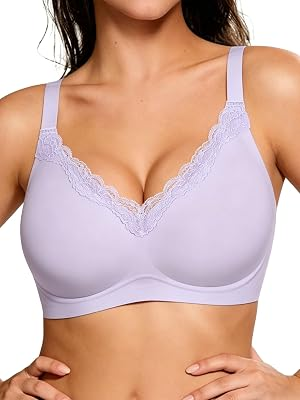 HORISUN Wireless No Underwire Bra for Women V-Neck Lace Trim Seamless Bra