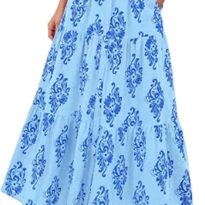 BTFBM Maxi Skirts for Women Summer Outfits Elastic High Waist A Line Boho Beach Vacation Cruise Floral Long Skirt 2026(Light Blue Blue Flower, Small)