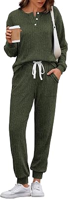 Ekouaer Womens Knit 2 Piece Lounge Sets Long Sleeve Top and Pants Outfits