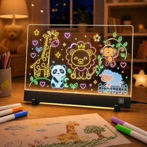 Upgraded LED Drawing Board for Kids, Acrylic Dry Erase Boards with 4 Modes | 7 Colors Markers and Wiping Cloth, Adjustable Brightness, Rechargeable Battery 3-Day Life, Birthday Gift for Boys, Girls