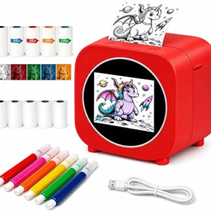 AI Voice Printer for Kids, Inkless Portable Thermal Printer with HD Screen, Voice Powered Drawing & Cartoon Print Maker for DIY Crafts, Includes 5 Dual Color Paper Rolls and 6 Pens