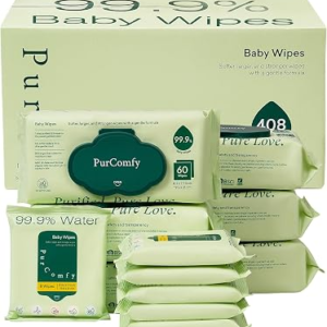 PurComfy Baby Wipes Unscented, 6 Flip-Top Packs + 6 Travel Pack | Plant Based, Hypoallergenic, Sensitive Newborn Skin, Total 408 Count Wipes