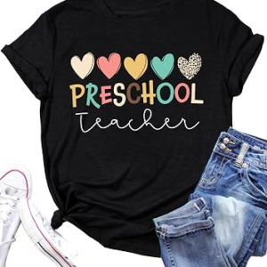 Preschool Teacher Shirts: Women Kindergarten Teachers T-Shirt Teacher Graphic Tees Tops Teacher Life Shirt(Black, Small)