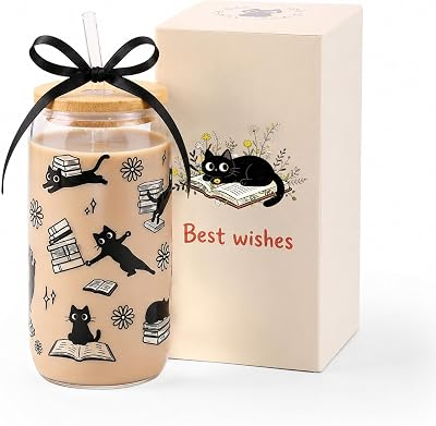 KORHONEN Cat Book Lover Gifts Glass Cup