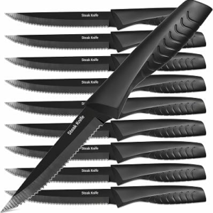 Steak Knives Set of 10, Serrated Steak Knife Set, Dishwasher Safe | High Carbon Stainless Steel, Food-Grade Rust-Proof and Antibacterial, Non-Slip Ergonomic Handles, Great Gift