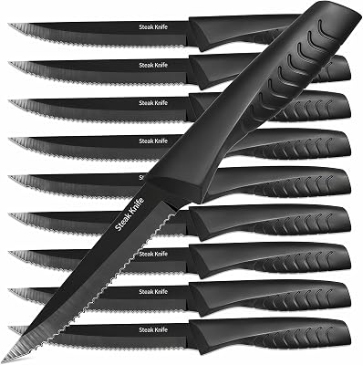 Steak Knives Set of 10, Serrated Steak Knife Set, Dishwasher Safe | High Carbon Stainless Steel, Food-Grade Rust-Proof and Antibacterial, Non-Slip Ergonomic Handles, Great Gift