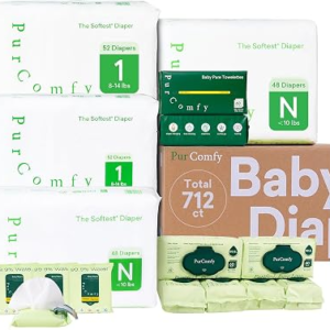 PurComfy Baby Diapers Essential Kit, Size N (96Ct) & Size 1 Diapers (104Ct), 6 Water Wipes (360Ct), 4 Travel Wipes (32Ct) and 2 Dry Wipes(120Ct), Baby Essentials Kit for Sensitive Skin, Total 712 Ct
