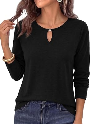 KIRUNDO Long Sleeve Shirts for Women Keyhole Neck Basic Tees,Black,S