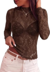 BTFBM Mesh Lace Long Sleeve Tops for Women 2026 Fall,Brown,S