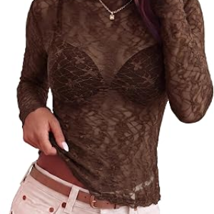 BTFBM Mesh Lace Long Sleeve Tops for Women 2026 Fall,Brown,S