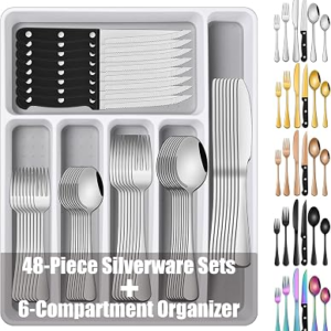 49 Pieces Silverware Sets With Organizer And Steak Knives,Stainless Steel Flatware Sets Service For 8 Person For Home Kitchen,Tableware Cutlery Sets,Includes Knife Spoon and Forks Sets