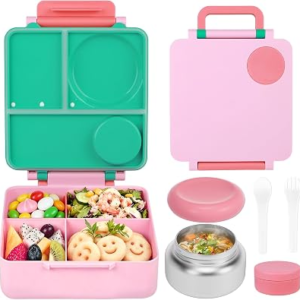 FOOYOO Bento Lunch Box Set for Kids & Adults, Leakproof 4-Compartment Container with Insulated Stainless Steel Food Jar, Utensils, BPA-Free, Microwave & Dishwasher Safe for School Work Travel（Pink）