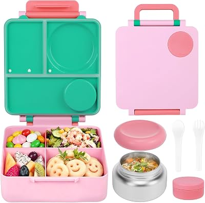 FOOYOO Bento Lunch Box Set for Kids & Adults, Leakproof 4-Compartment Container with Insulated Stainless Steel Food Jar, Utensils, BPA-Free, Microwave & Dishwasher Safe for School Work Travel(Pink)