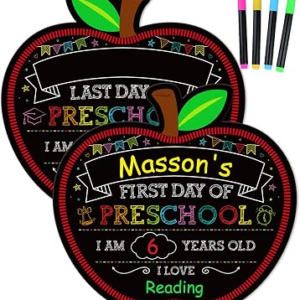 WhatSign First and Last Day of School Sign – with 4 Liquid Markers Reusable Double Sided Apple Chalkboard for Back to School Milestone Photo Prop for Kids, Toddlers, Students Preschool to Grade 12