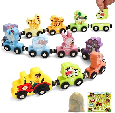 TenFans Montessori Wooden Magnetic Animal Train Set for Toddlers | 11 Pieces Educational Preschool STEM Learning Toy, Fine Motor Skills Development Train Toy, Birthday Gift for Boys and Girls