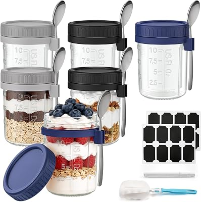 Airtight Oatmeal Container 6 Pack 16 oz Overnight Oats Containers with Lids | Overnight Oats Jars for Cereal Fruit Vegetable Milk Salad Yogurt Meal Prep with Measurement Marks, 6 Spoons