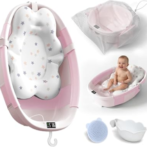 Collapsible Baby Bathtub – Large Baby Bath Tub with Thermometer | Bath Essential Bañera para Bebe Easy Fold Baby Tub | Travel Infant Newborn Toddler Bathtub for Baby Girl Boy 0 to 36 Months (Pink)