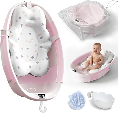 Collapsible Baby Bathtub - Large Baby Bath Tub with Thermometer | Bath Essential Bañera para Bebe Easy Fold Baby Tub | Travel Infant Newborn Toddler Bathtub for Baby Girl Boy 0 to 36 Months (Pink)