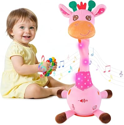 MIAODAM Dancing Giraffe Interactive Toy, Singing 10 Children's Song, Stuffed Baby Toy Repeats What You Say, Colorful Glowing Plush Toys for Toddler Easter Day Gifts for Kids(Pink Giraffe)
