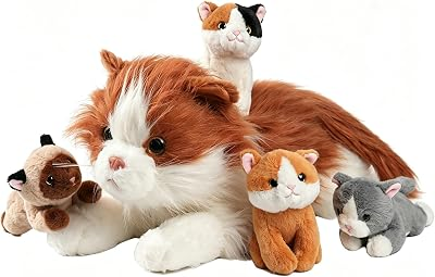 5Pcs Realistic Cat Stuffed Animal, Cat Plush Family: 1 Mommy Cat & 4 Kitten | 12 Inch Stuffed Orange Cat Plush Toys, Kitty Plushies Pillow Toys for Girls & Boys Birthday Christmas Surprises Gifts
