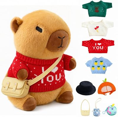 10 Pcs Capybara Plush Toy Set | Cute Capybara Stuffed Animal, 9 Clothes and Accessories, Dress Up Soft Plush Doll, Ideal Gift for Kids