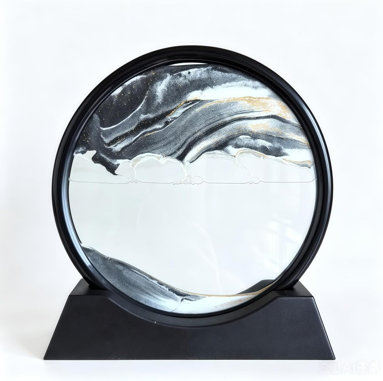 Kbkoudez Moving Sand Art Picture- Sand Art Liquid Motion 3D Sandscape, Round Glass Frame Display Flowing Sand Relaxing Toy for Desktop Home Office Work Ocean Decor, Ideal Gift (Black, 7inch)