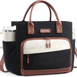 LOVEVOOK Lunch Box for Women,Adult Lunch Bag for Work,13L,Black-Beige-Brown
